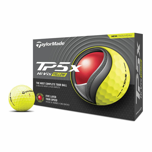 Gele Taylormade TP5x golfballen met logo, voorkant van de doos met de Taylormade ervoor