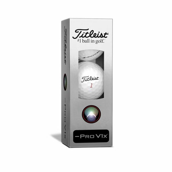 Titleist ProV1x Left Dash golfballen met logo, de golfballen zitten verpakt in een doosje van drie