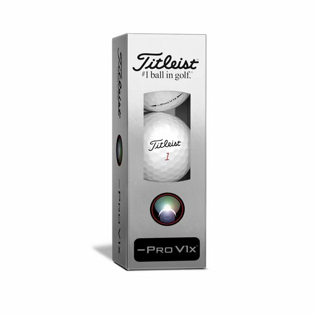 Titleist ProV1x Left Dash golfballen met logo, de golfballen zitten verpakt in een doosje van drie