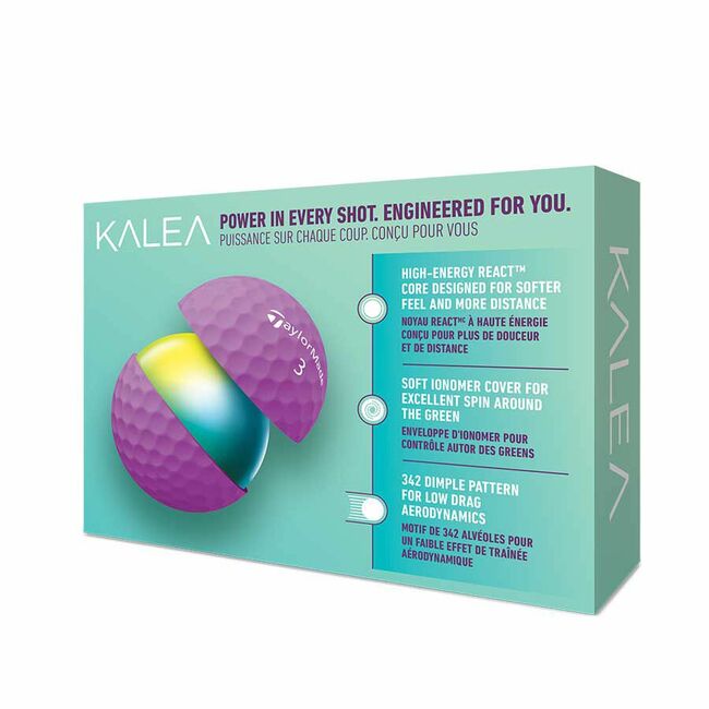 Paarse Taylormade Kalea golfballen met logo, achterkant van de doos