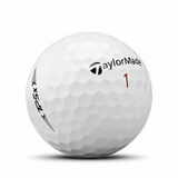 Taylormade TP5x golfballen met logo, het logo van Taylormade afgebeeld op de bal