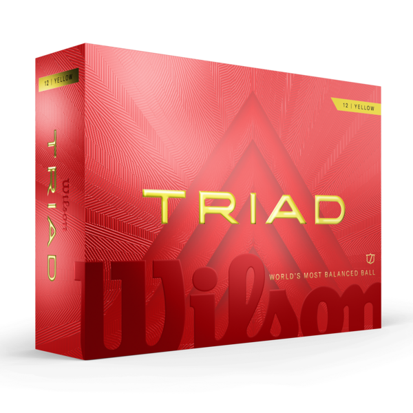 Gele Wilson Triad golfballen met logo, voorkant van de doos