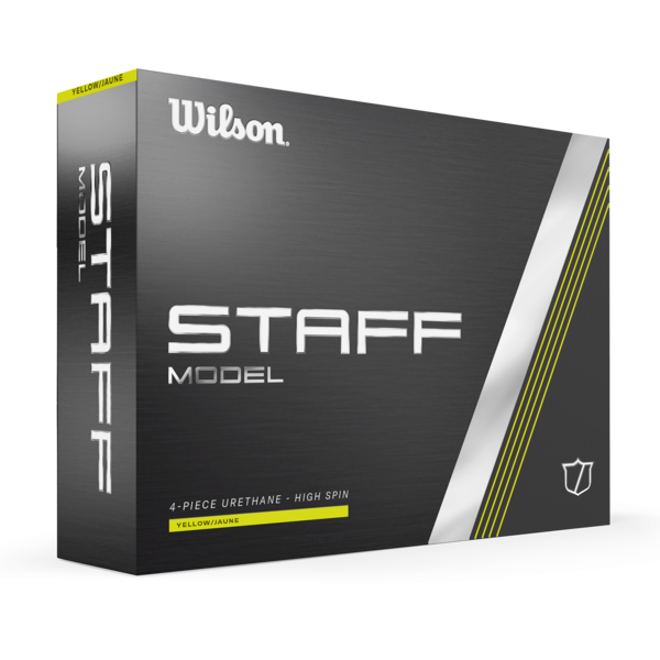 Gele Wilson Staff Model golfballen met logo, voorkant van de doos