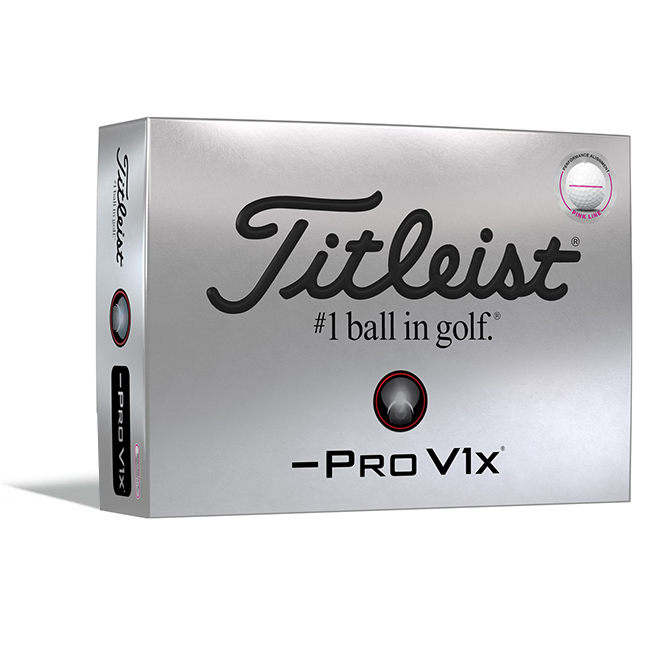 Titleist ProV1x Left Dash golfballen met logo, voorkant van de doos