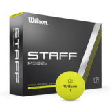Gele Wilson Staff model golfballen met logo, voorkant van de doos met de Wilson Staff Model ervoor