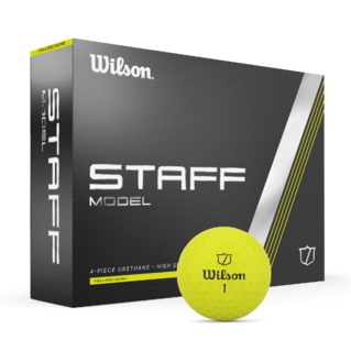 Gele Wilson Staff model golfballen met logo, voorkant van de doos met de Wilson Staff Model ervoor