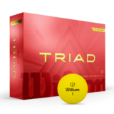 Gele Wilson Triad golfballen met logo, voorkant van de doos met de Wilson Triad ervoor