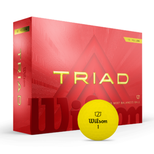 Gele Wilson Triad golfballen met logo, voorkant van de doos met de Wilson Triad ervoor